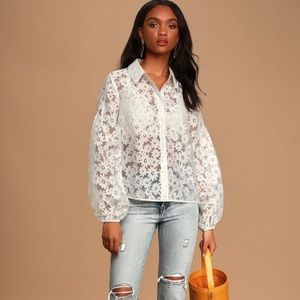 Lulu’s Happiness Blooms White Sheer Organza Floral Lace Button-Up Top size Small